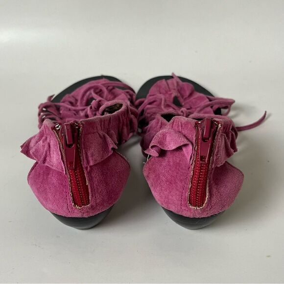 Betsey Johnson Cicii Suede Wedge Pink Ruffle Strappy Leather Sandals Boho Chic 8 - Picture 6 of 9